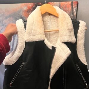Women's Black and Cream Shearling Vest